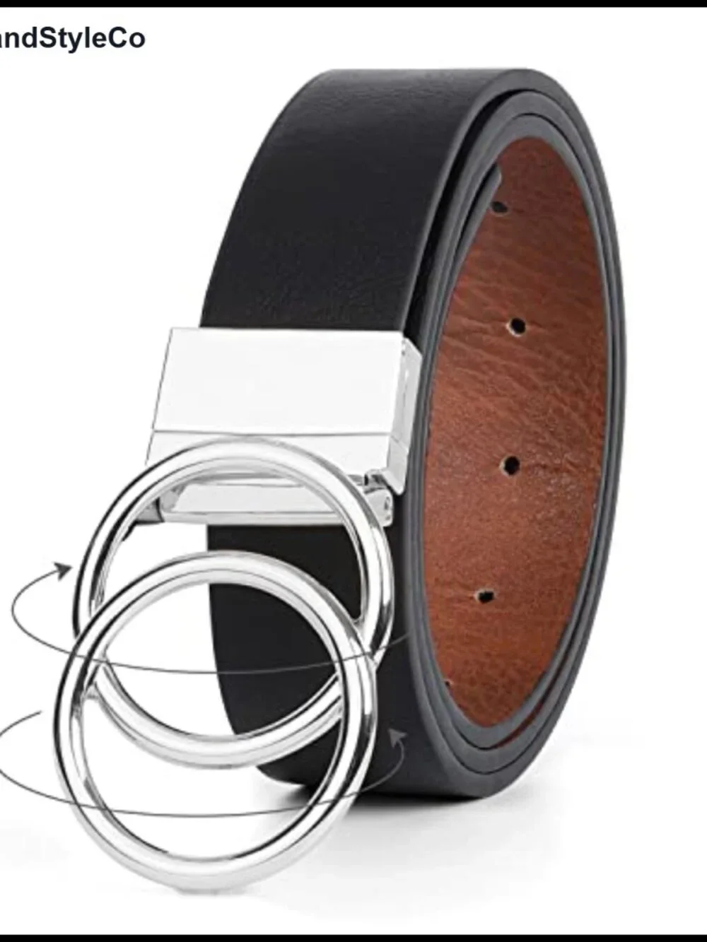 Women's Reversible PU Leather Waist Belt with Rotating Gold Double O Ring Buckle